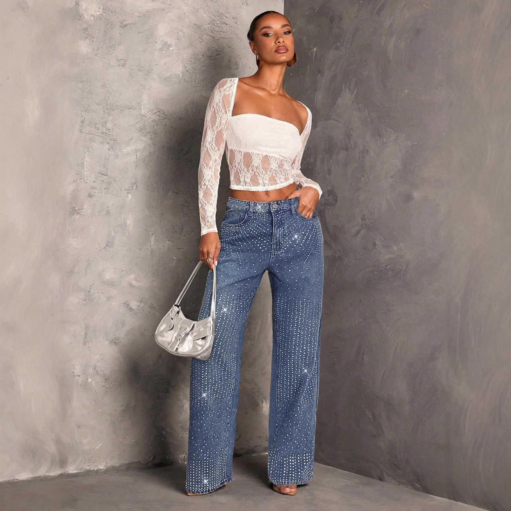 جينز نسائي بنطال ذو قصة أرجل واسعة ملابس الشارع الشهير غير النظامية الماس جيب الدنيم بانت تقسم زر بنطلون عادية مستقيم الخريف 2025 #3