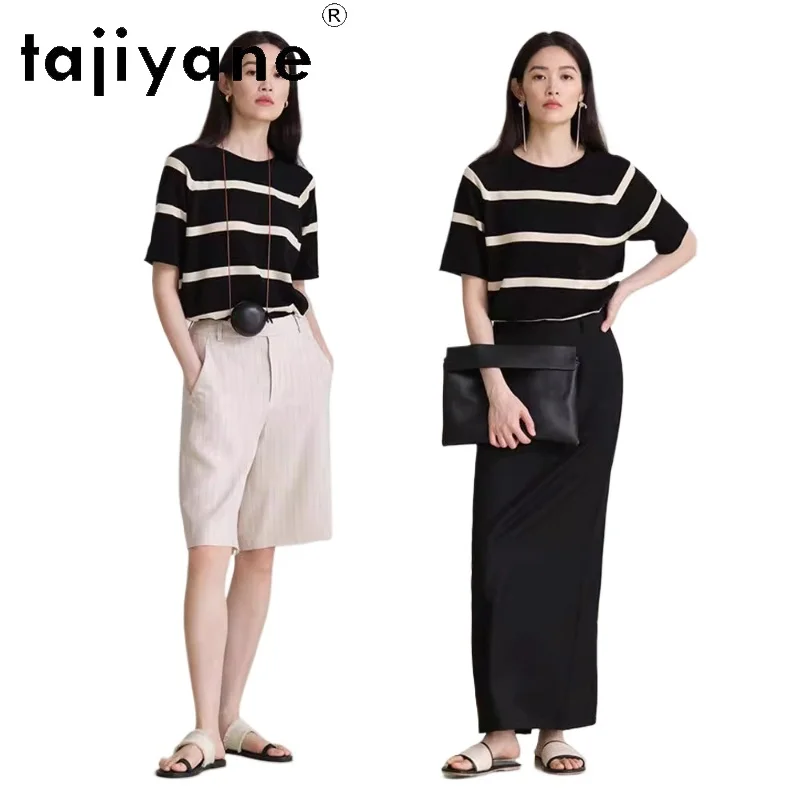 TAJIYANE T Shirts for Woman Elegant Summer Casual Tops Ice Silk Striped Knitted T Shirt Korean Fashion Women Clothing топ 2024