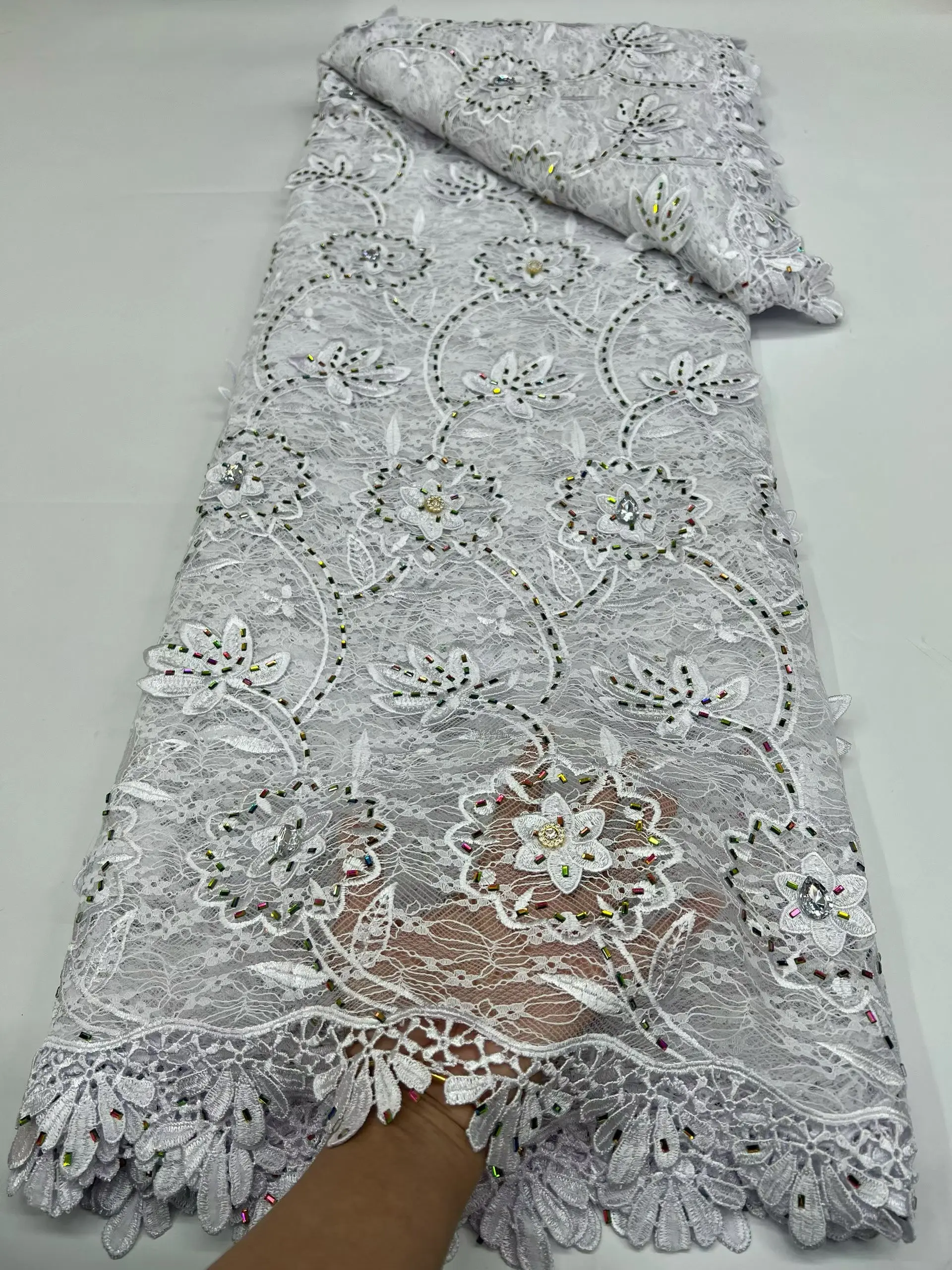 

New Style White Cord African Lace Fabric With Stones 2026 High Quality French Nigerian Guipure Lace Fabric For Women KR26110