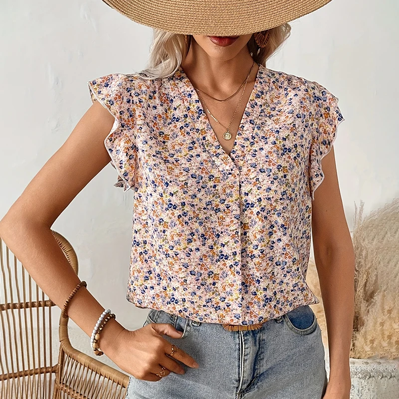 Camisa de gasa con manga de encaje para mujer, Top transpirable con cuello en V, floral pequeño, moda hipster, elegante, nuevo s