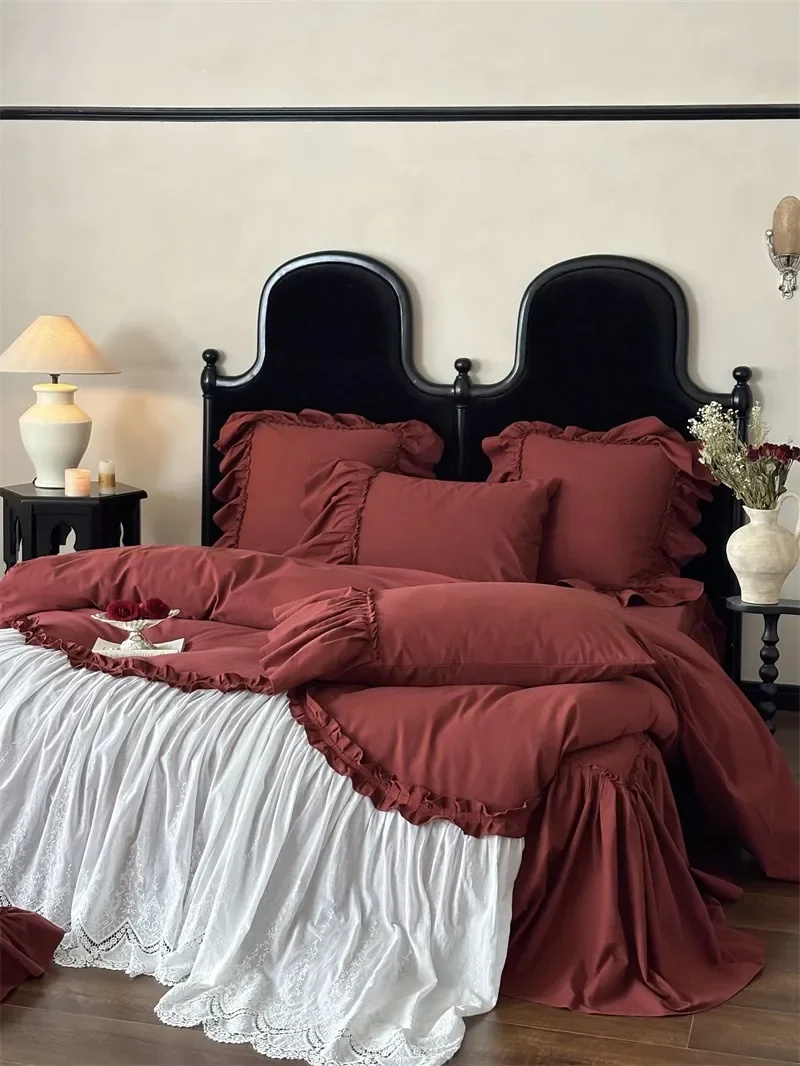 White Lace Brushed Cotton Double Queen Duvet Cover Burgundy Wine Red Soft Warm for Fall Winter Duvet Cover Bedskirt Pillowcses
