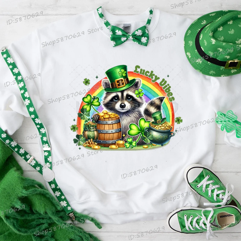 Happy St Patrick's Day Women Party T-shirt Cartoon Lucky Raccoon Ladies T Shirt Green Clover Trend Clothes Fashion Tops Tees