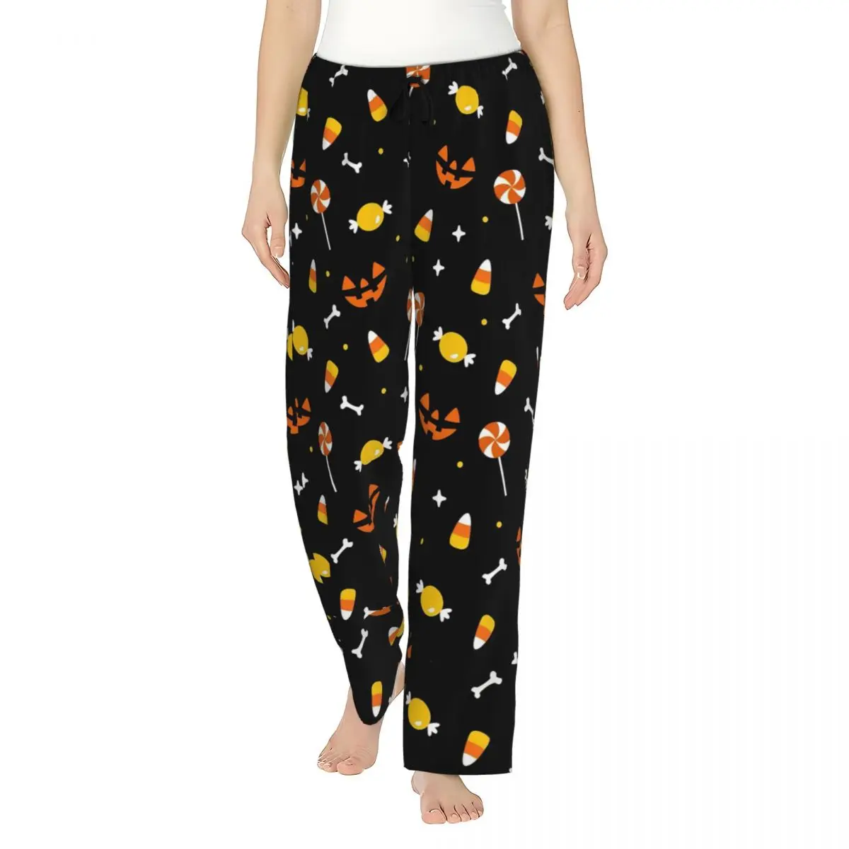 Ladies Pajama Pants Horror Pumpkin Bat Halloween Lounge Pants Stretch Candy Pj Bottoms Home