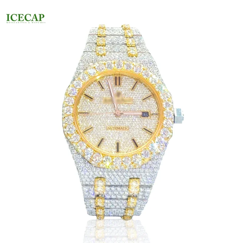 Luxury Fashion Hand Inlaid Iced Out Moissanite Diamond Wrist Watch Mechanical Bling Bling Jewelry Watch Pass Tester Man