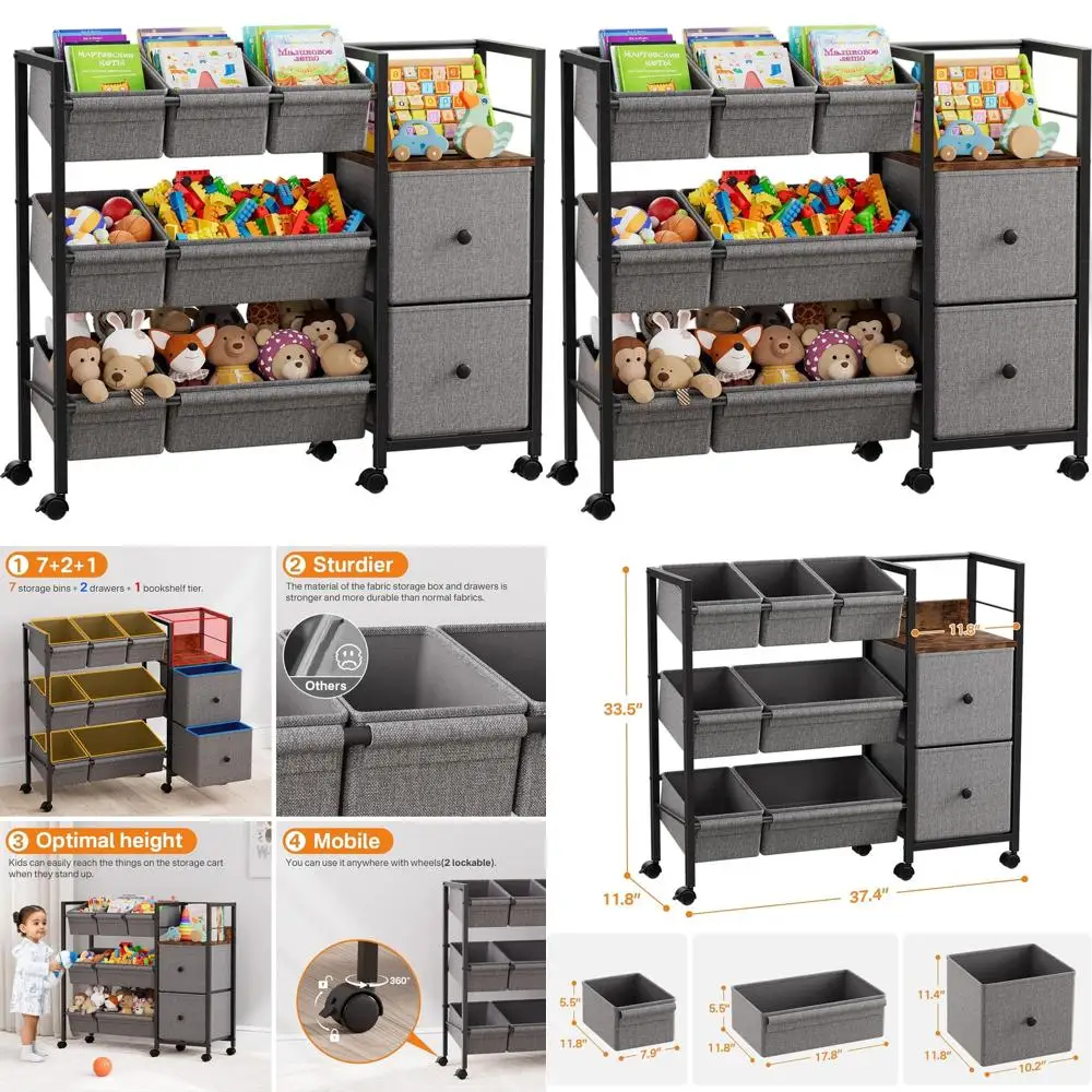 

7-корпус, 2 ящика, 1 полка, органайзер для детской игровой комнаты с мобильной тележкой для игрушек, одежды, одеял, книг — черный