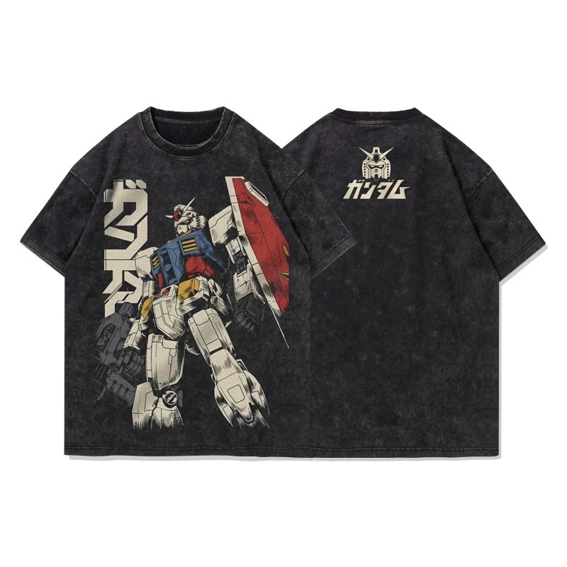 

Summer Gundam Anime Print Men's T-Shirt Vintage Washed Cotton Loose Women's Short-Sleeved Tees Streetwear Tops Gym Y2k Clothes