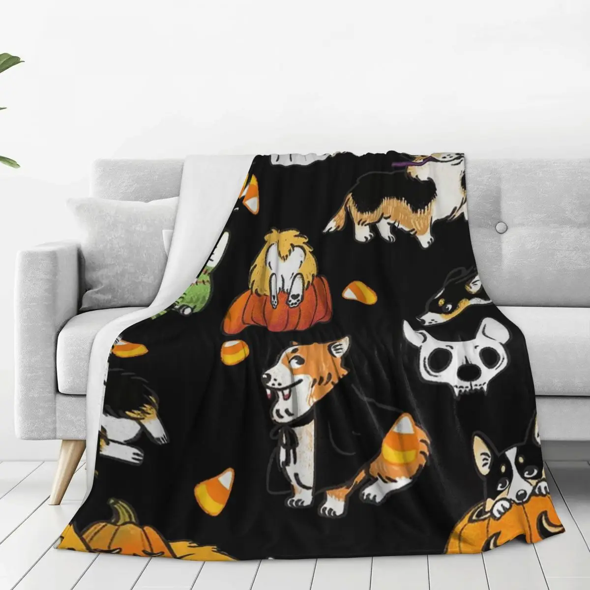 Corgi Halloween - Black Blankets Flannel Lightweight Throw Blankets Sofa Throw Blanket For Couch Bedding Office Throws Bedspread