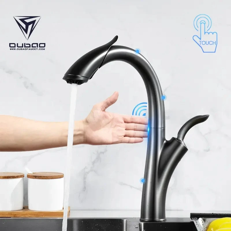 Contemporary new black faucet pulls out spray mixer sensor faucet kitchen faucet