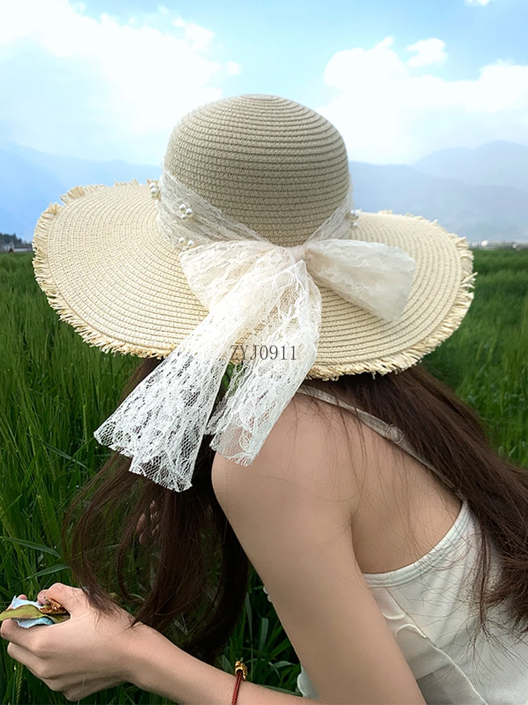 Lace bow woven straw hat women's summer big brim seaside vacation beach sunshade sunscreen hat