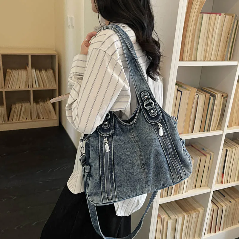 Durable retro denim women's large-capacity hand-held tote bag, commuter single-shoulder bag, crossbody bag