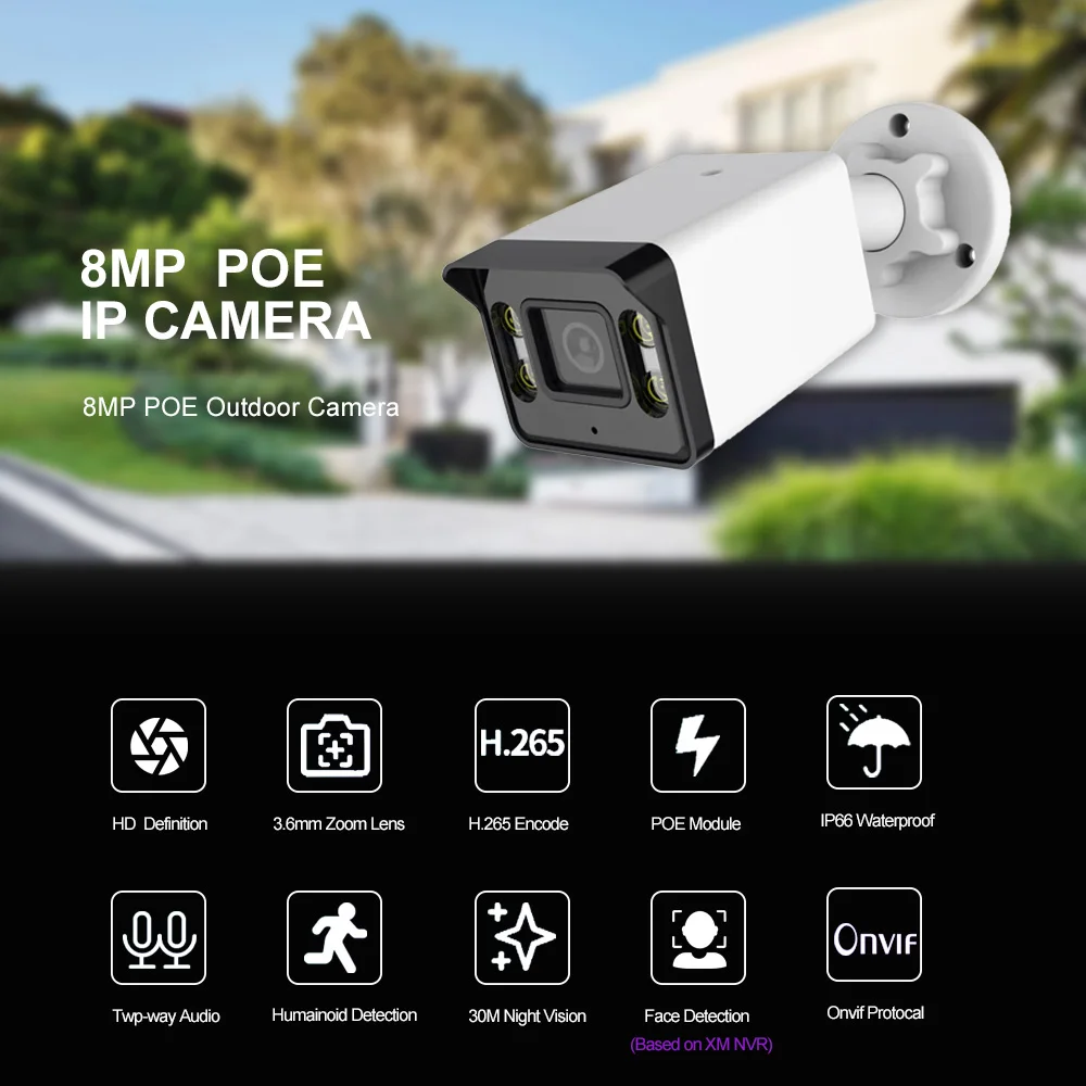 POE IP camera 4MP 4K  8MP Metal housing  CCTV Video Waterproof IR Night Vision Surveillance Security Camera xmeye app