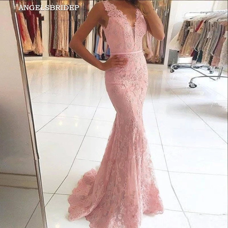 

ANGELSBRIDEP V-Neck Mermaid Prom Dresses Vestidos De Festa Sexy Cap-Shoulder Lace Design Formal Evening Party Gowns Lace-up Back