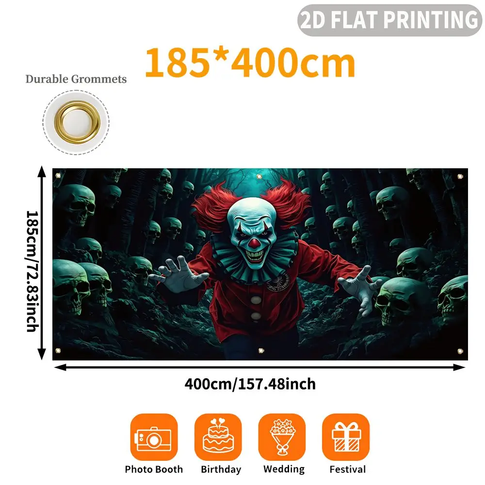 1pc 2D FLAT Halloween Party Garage Banner, Scary Clown Surrounded By Skulls Pattern, No Power Need, for Garage Door Decor