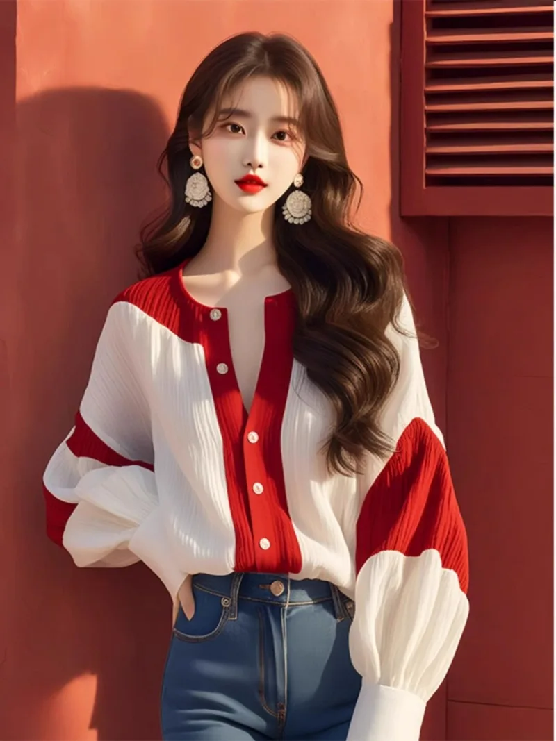 Chiffon Vintage Women\'s Shirts Spring/summer New Patchwork Women Shirts Loose Long Sleeves Tops Fashion Korean Clothing Sales