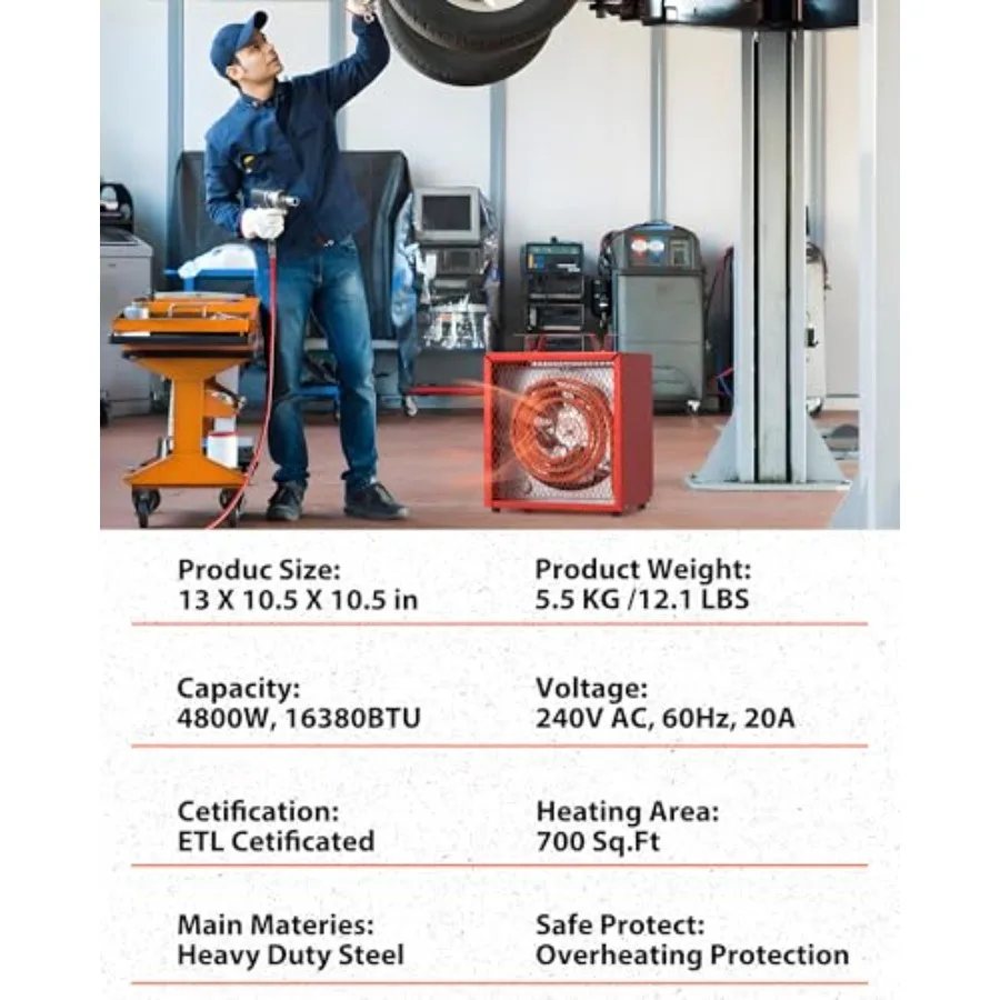 سخان صناعي بقوة 240 فولت، 4800 وات، سخان مساحة لورشة العمل مع التحكم في الحرارة، مقبض حمل للحماية من الحرارة الزائدة #5