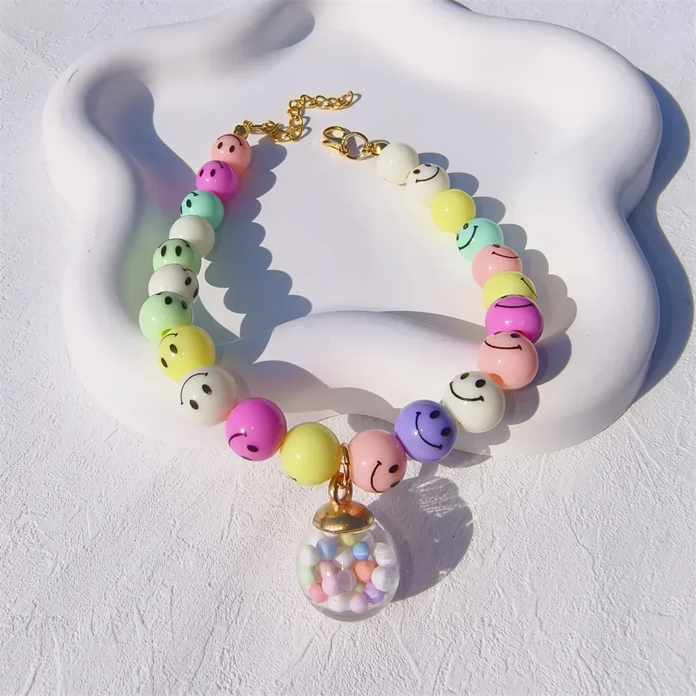 New Handmade Pearl Pet Collar with Glass Ball Pendant Smiling Face and Yangmei Ball Beads Girl Necklace for Dog Cat Supplies