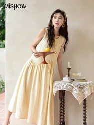 MISHOW Anti Wrinkle Lemon Pleated Dress Women 2024 Summer Sleeveless Solid Dress Round Neck Lace-up Vacation Dresses MXD30L1948