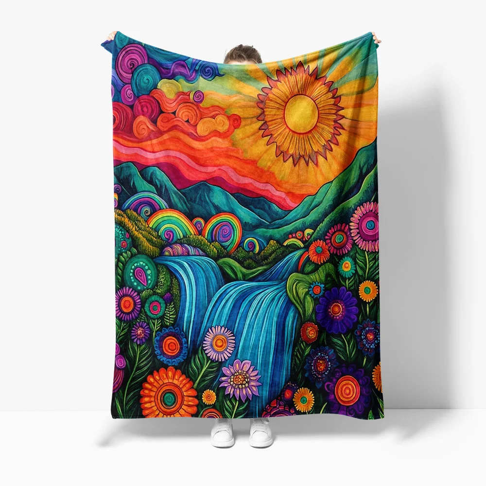 Psychedelic Colorful Floral Waterfall Blanket Rainbow Van Gogh Style Print Bed Blanket for Kids Teens Adults