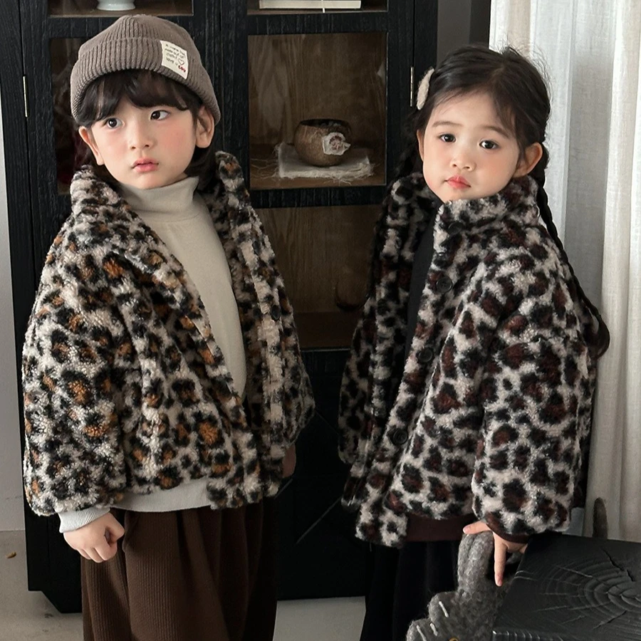 Winter Kids Animal Print Jacket Faux Fur Lambswool Coat Thickened Outerwear Plush Lining Unisex Boys Girls Fashion Warm Jacket