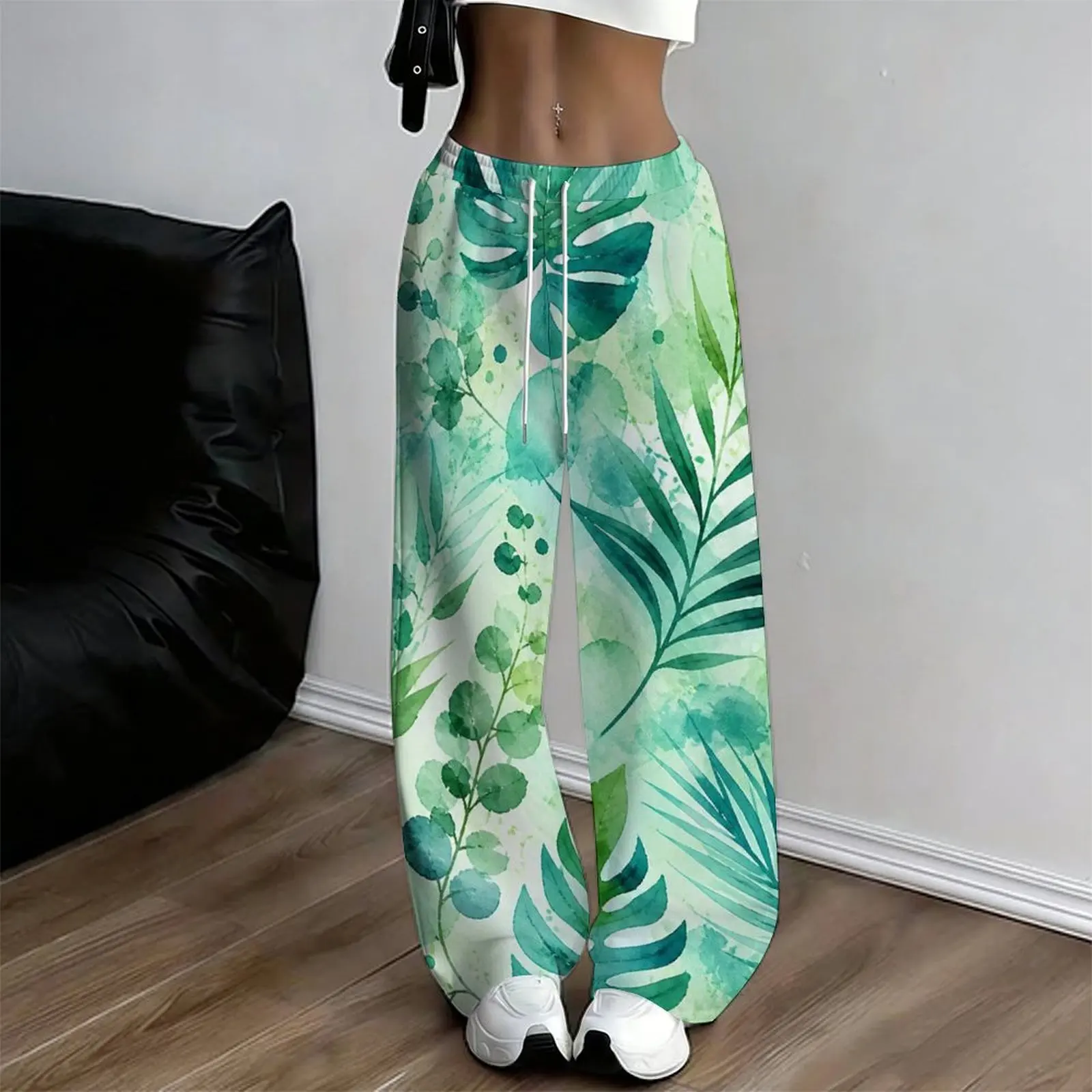Women Multicolor Wavy Stained Glass Leaf Printed Loose Straight Leg Full Length Pants
