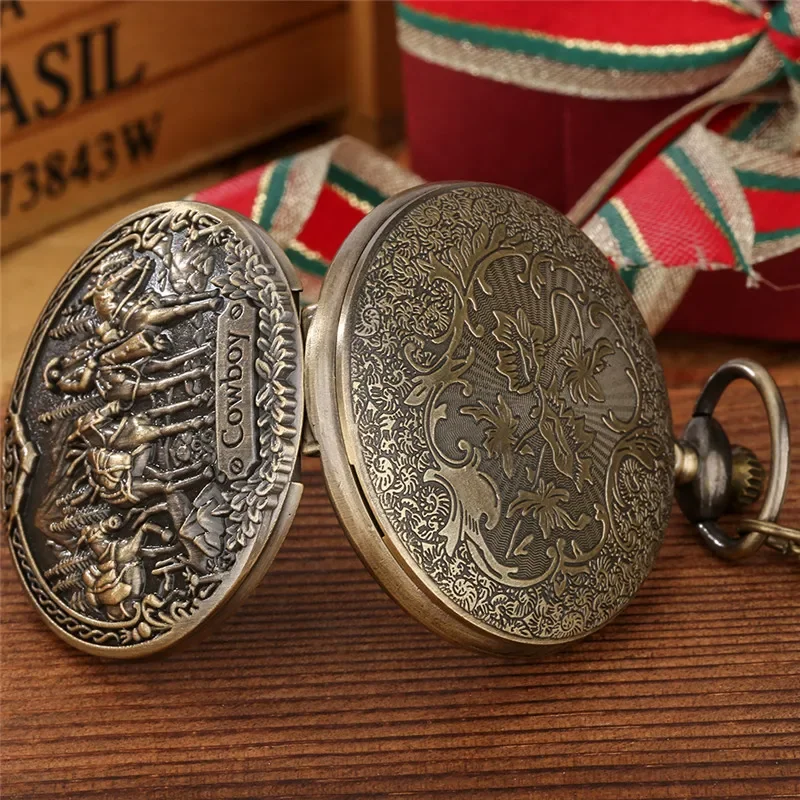 Antique Pocket Watch with Carving Western Cowboy Pattern Bronze Necklace Chain Quartz Watches To Men Women Arabic Number Clock