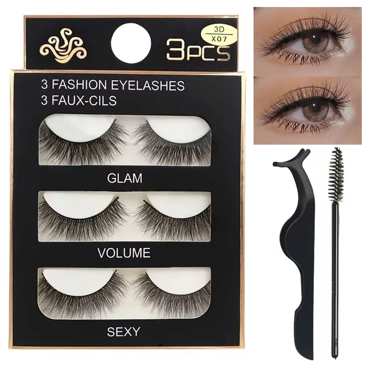 Zestaw 3 Par Sztucznych Rzęs 3D Mink Naturalne Długie Sztuczne Rzęsy do Makijażu z Pędzelkami do Rzęs, Pęsetami i Narzędziami do Makijażu