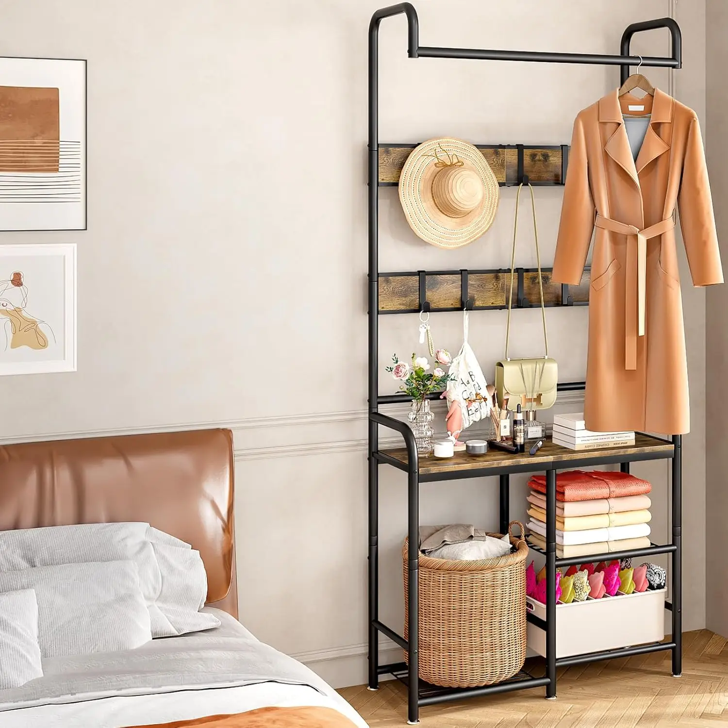 

Coat Rack Hall Tree With Shoe Storage Bench For 3-In-1 Entryway Hall Tree With 8 Removable Hooks, 28.27 X 12.2 X 72.83 Inches