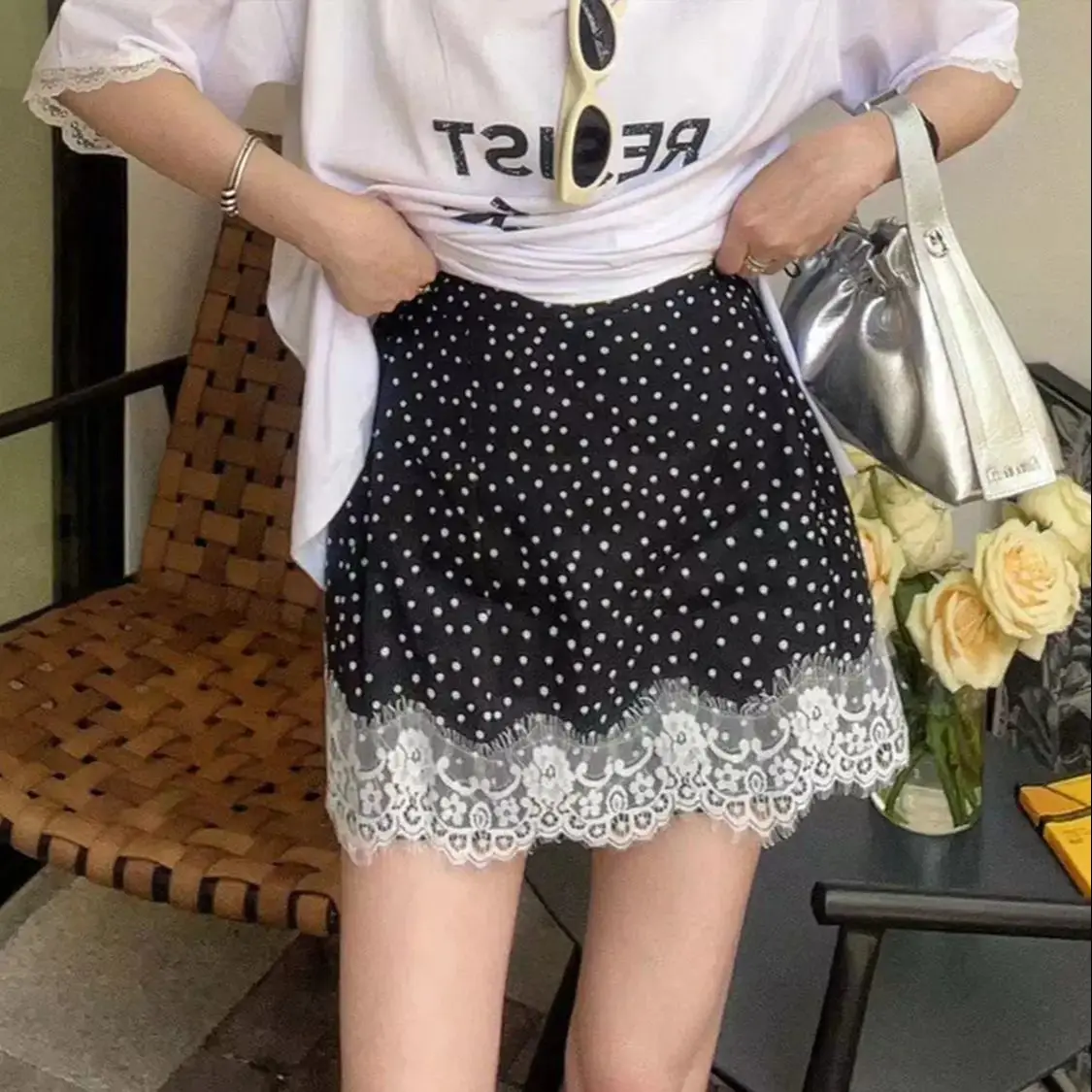 

Korean Department New Polka Dot Chiffon 2024 Vintage Patchwork Lace Skirt Sense Of Design A-Line Skirt Summer Skirts For Women