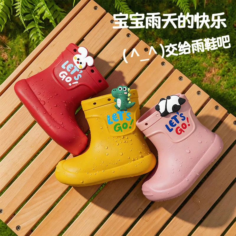 2026 New Kids Mid Calf Rain Boots Cute Cartoon Pattern Non Slip Waterproof Rubber Shoes Soft Resistant Rain Boys Girls Boots