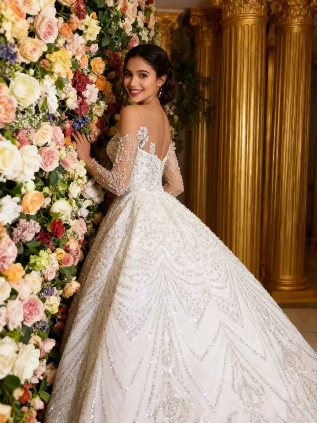 Customized Sheer Neck Shinny Beads Sequins Wedding Dress for Bride Vestidos De Novia Ballgown Long Sleeves Bridal Gown Robe De