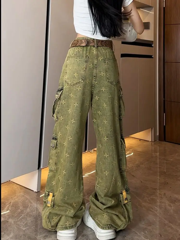 Cargo Jeans With Multi-Pocket Design American Retro Washed Women'S Chic Hot Girl Heavy-Duty High-Waist Slim Floor-Length Pants