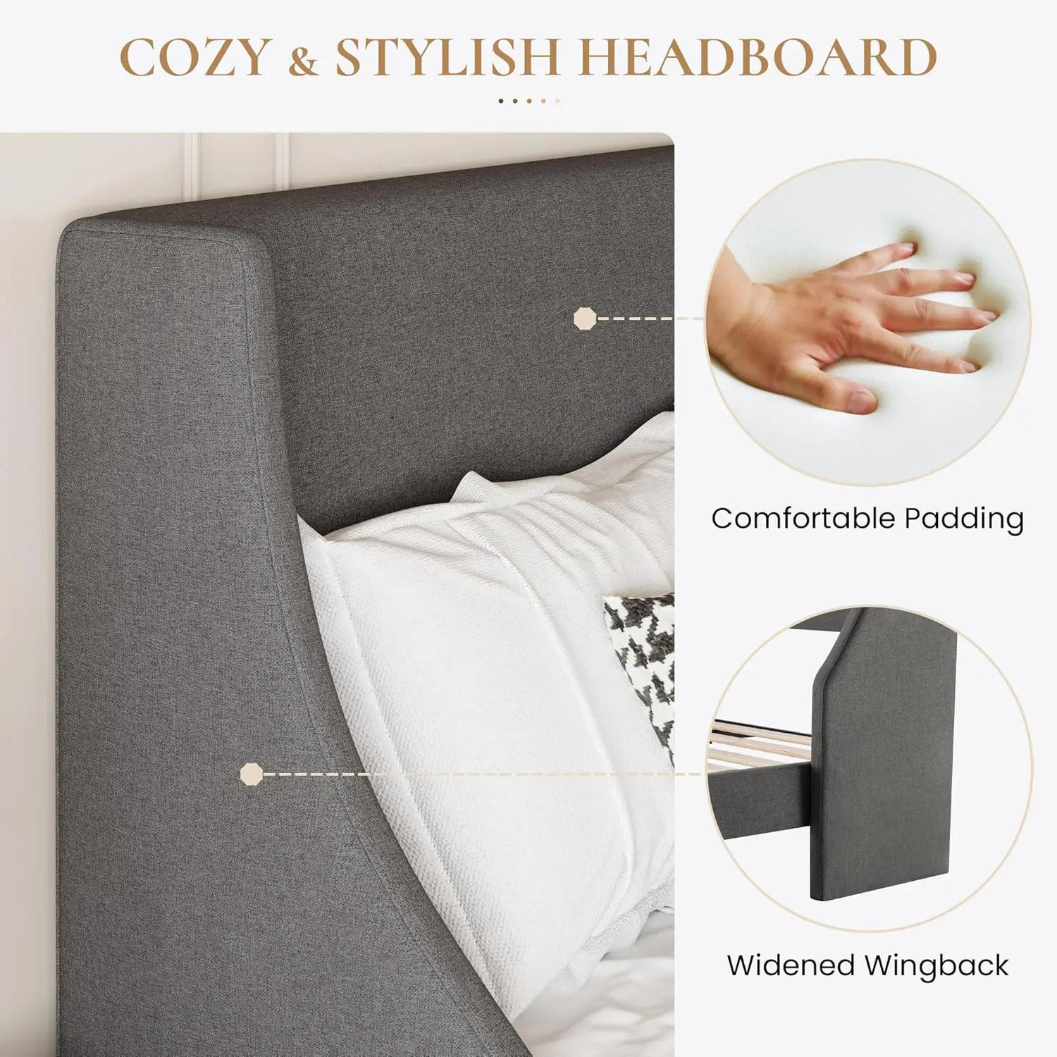 إطار سرير منجد مع لوح رأسي مجنح مبسط من قماش الكتان المسامي وشرائح خشبية صلبة سهلة التجميع باللون الرمادي الداكن