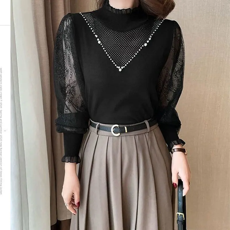 Elegant Solid Color Long Sleeve Beading Blouse Female Clothing Gauze Lace Stylish Spring Autumn Spliced Half High Collar Shirt