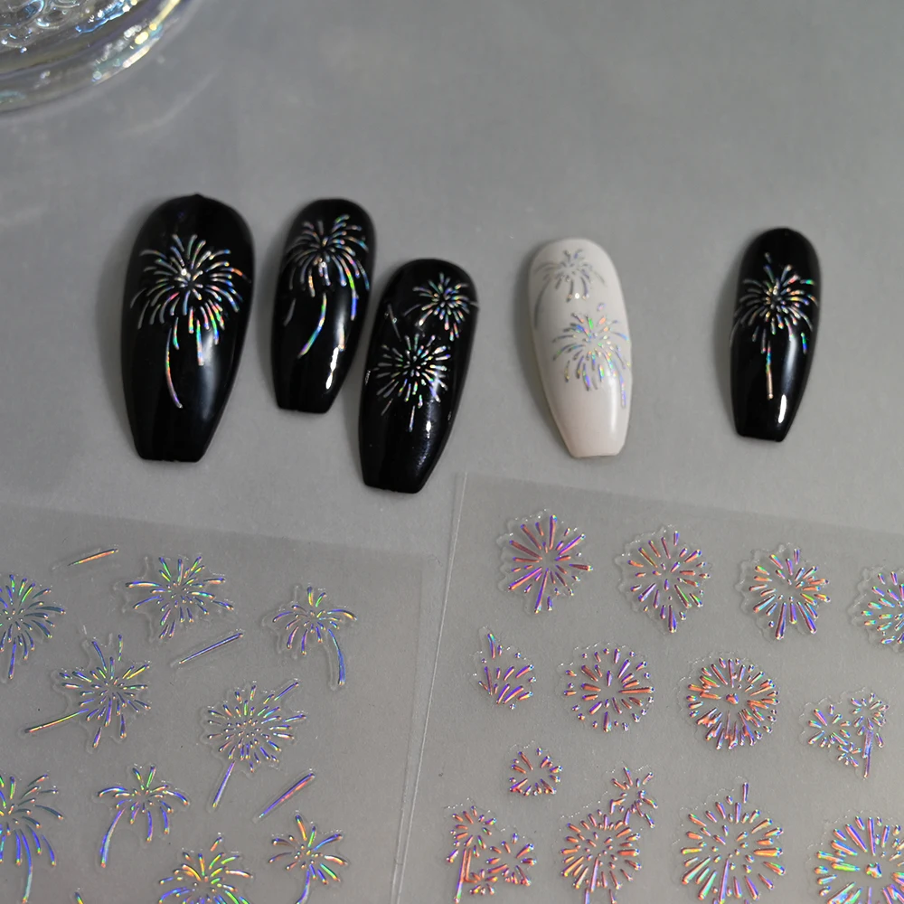 1pc Laser Colorful Fireworks Nail Art Stickers Sparkling Starry Sky Blooming Fireworks Decals Adhesive Nail Stickers Manicure