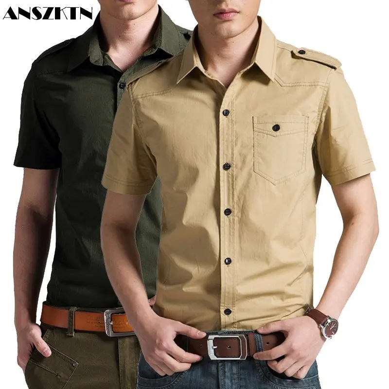 

ANSZKTN Men Summer new men's short sleeve shirt loose M-5XL Green khaki Blue All-Match Fashion Poplin Cargo Shirts