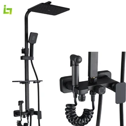 Matte Black Bathroom Shower Faucet With Shelf Rainfall Bathube Mixer Tap 3-way Function Set