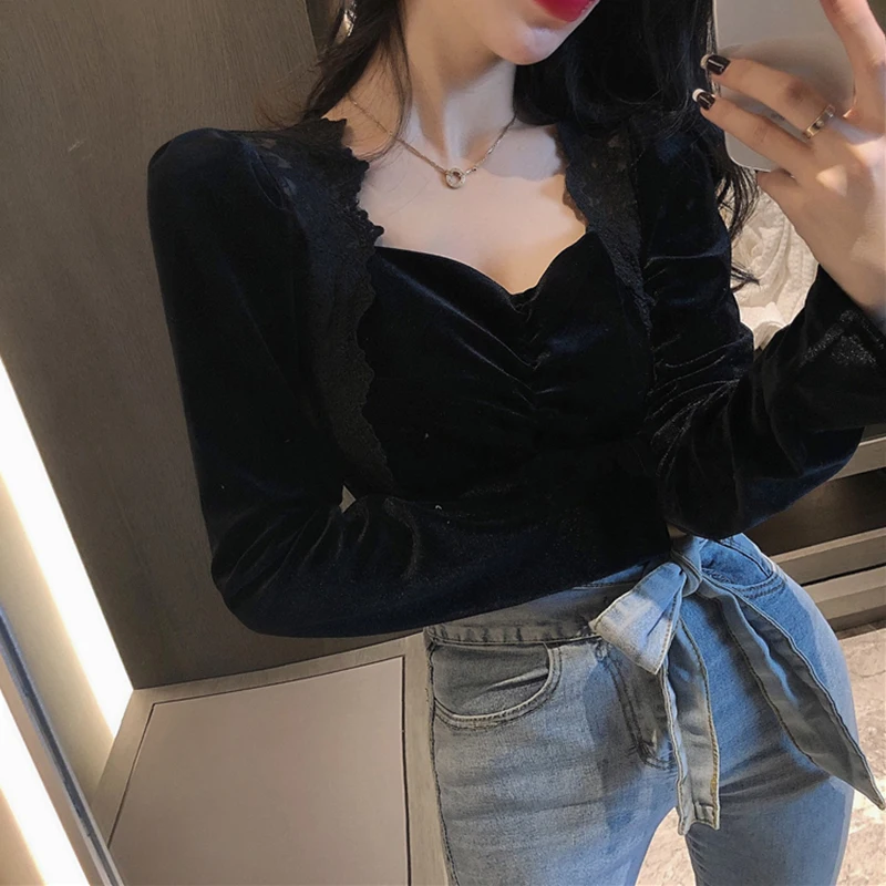 2024 sexy black lace stitching shirt female spring and autumn gauze velvet bottoming shirt female Korean temperament slim pullov