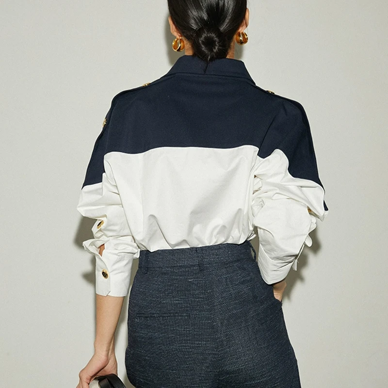 SMVP Zomer Merkontwerp Patchwork damesblouses Temperament Sense Shirt met lange mouwen Mode 3-kleuren contrastoverhemd Tops Shirt