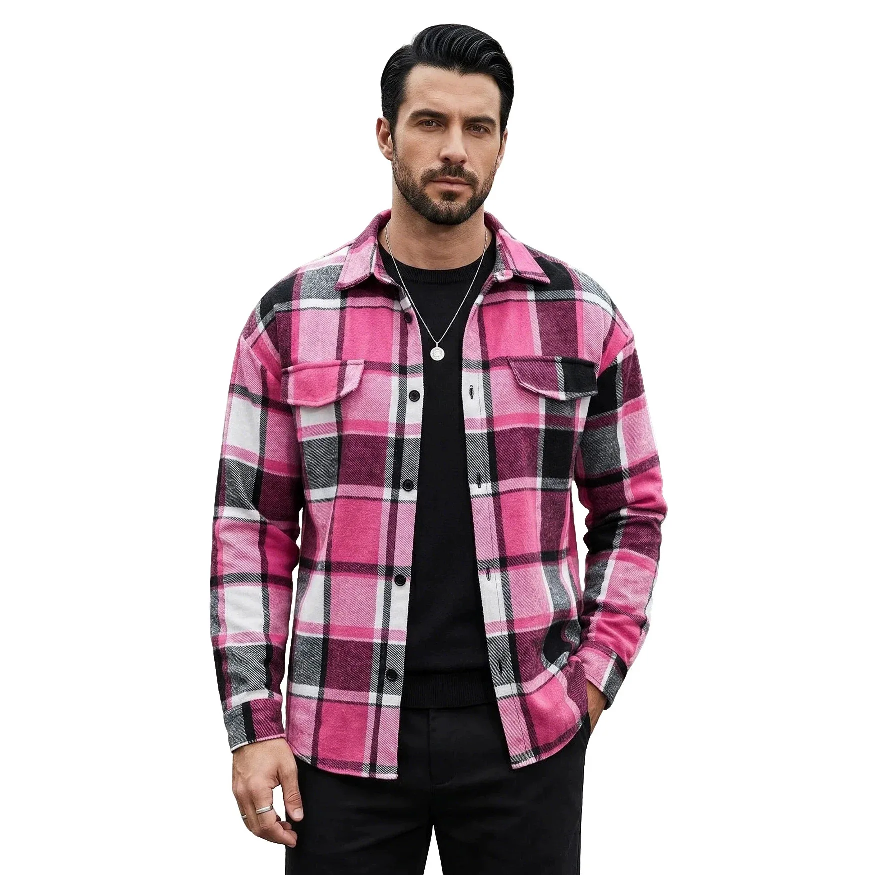 Spring and Autumn Men's Lapel Checked Cardigan Pocket Casual Long Sleeve Jacket Large Size Shirt view 4