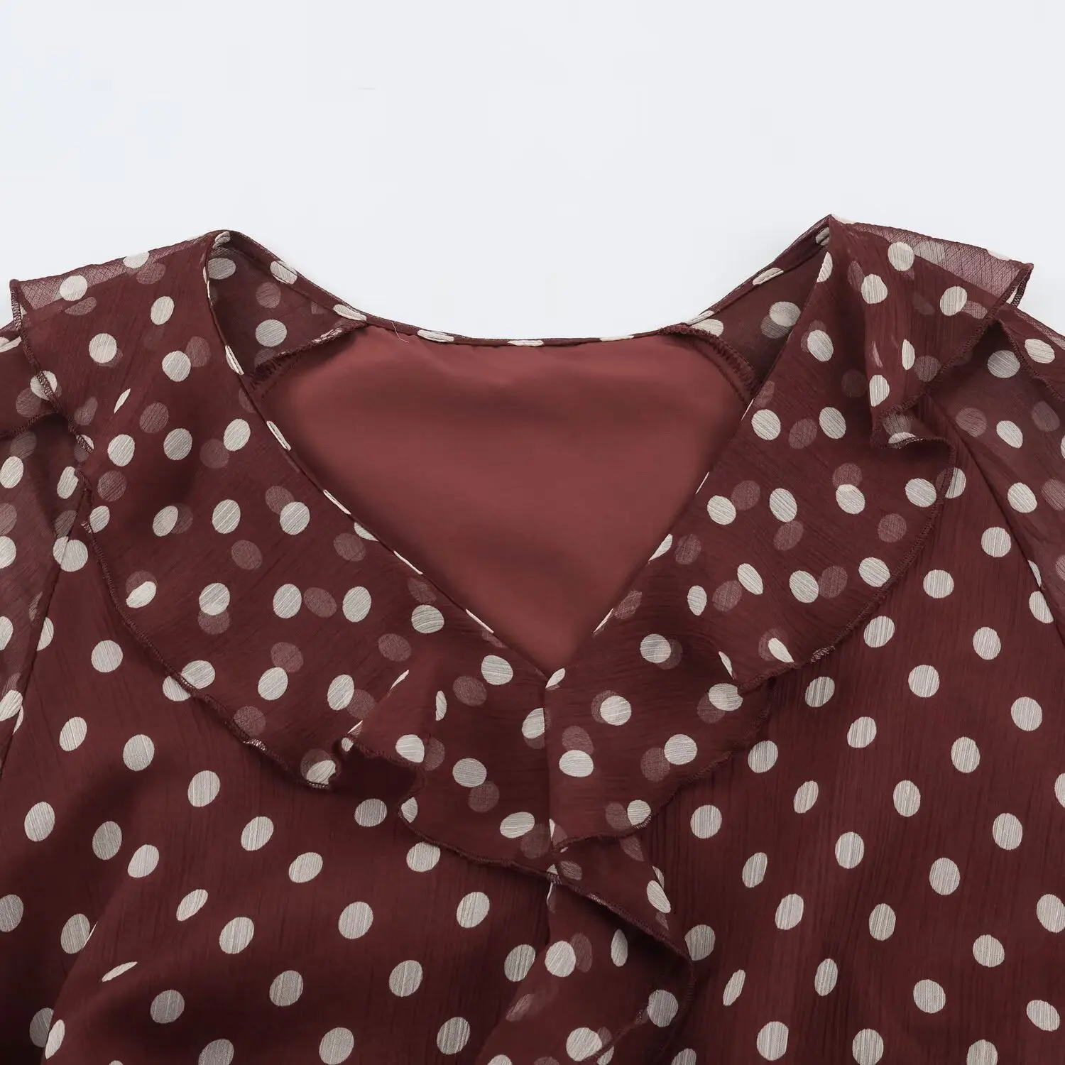 BSAY 2026 Herbst Vintage Polka Dot Damenbluse mit V-Ausschnitt, geschichtetem Rüschensaum, Laternenärmeln, Kordelzug am Ärmelbund und lässigem Schnitt – Detail 13