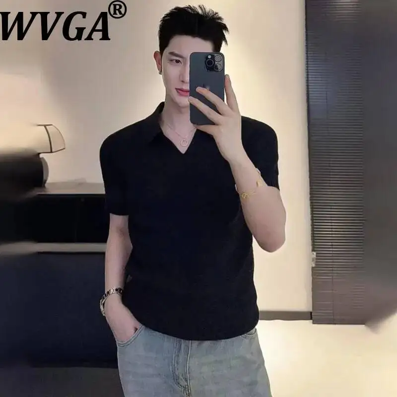

WVGA Summer New Men's Breathable Ice Silk Knitted Hollow Out V-Neck Trendy Shirt Niche Chic Casual Short Sleeved Tops Ins W24320