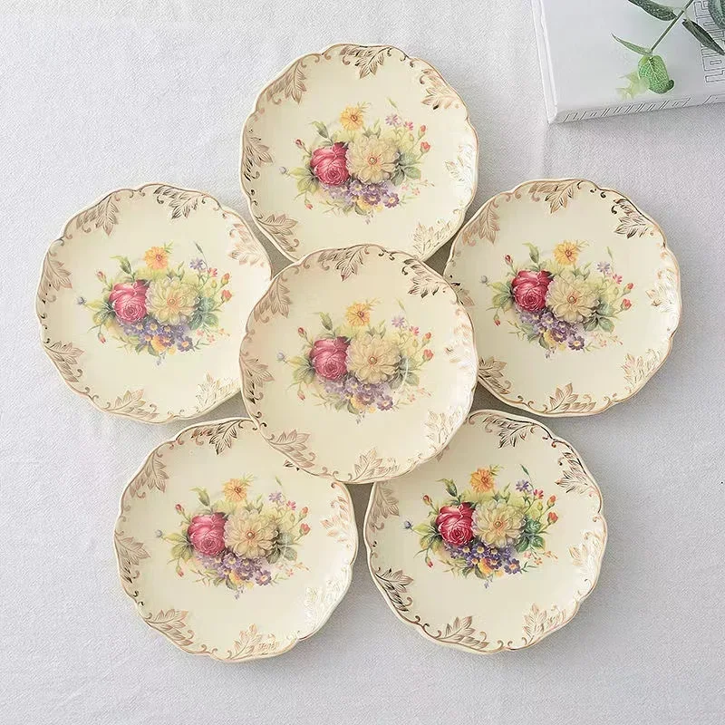 Vintage Coffee Cup Saucer Set Hand Painted Tea Cup Rose Flower Carving Craft Dishes and Plates Coffee Spoon Fruit Fork Tableware