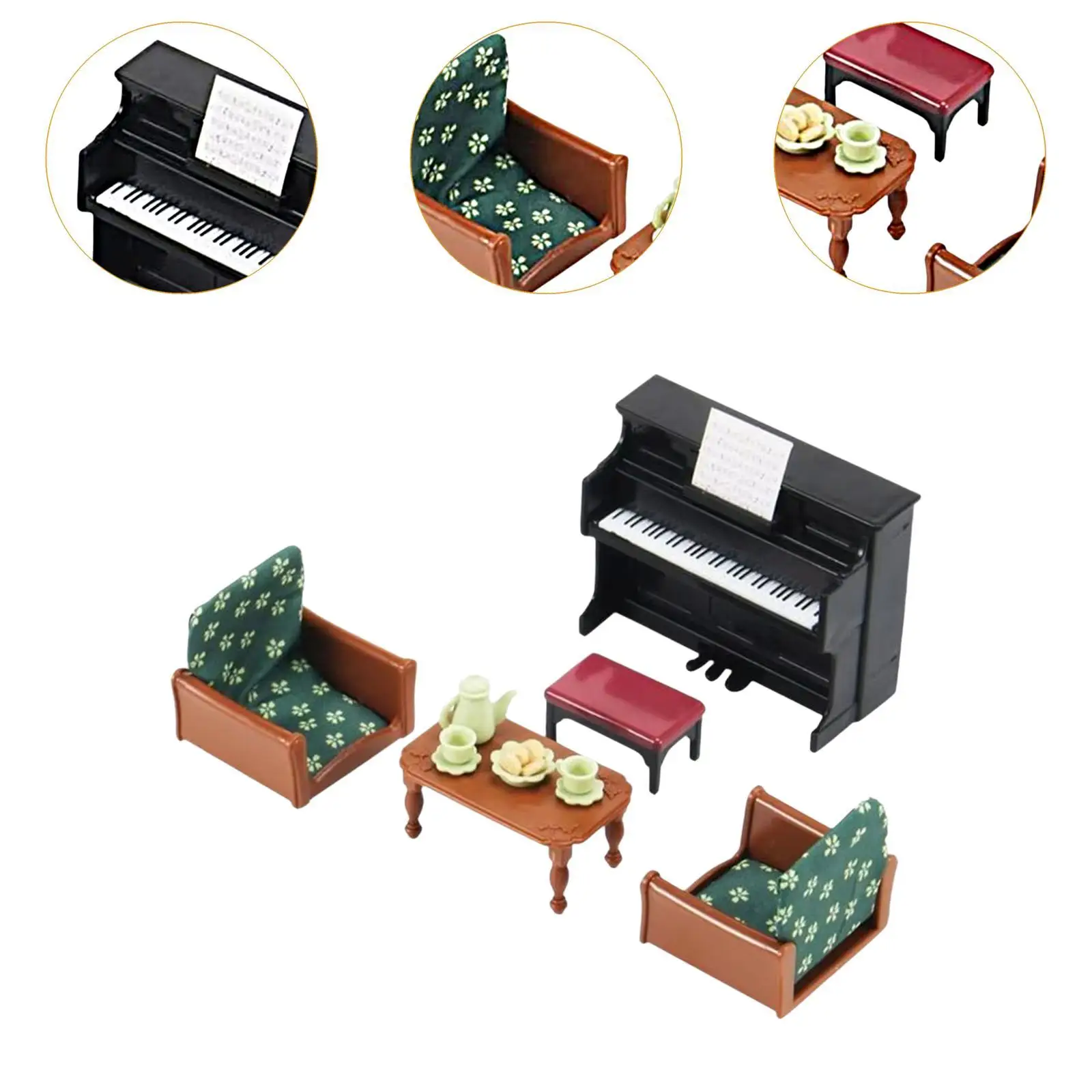 Scala 1:12 Casa delle bambole Pianoforte Divano Tavolino Scena di vita Accessori modello fai da te Pianoforte in miniatura Mobili in miniatura per balcone