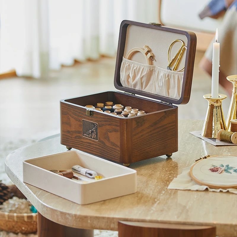 

Solid wood sewing box wedding high quality household portable large hand sewing tool set sewing storage box