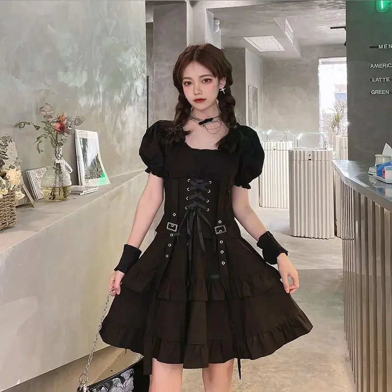 2024 novo estilo japonês escuro lolita cinta meio aberto pescoço cinta cintura magro manga curta em camadas vestido elegante para mulher