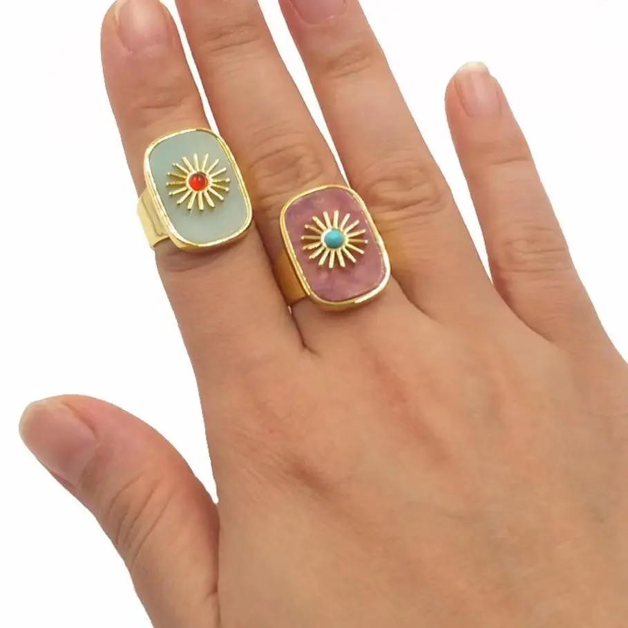 WT-R364 Amazing Women Fashion Suqare Party Cocktail Ring Gold Electroplated Flower Charm Natural Stone Daily Accessory