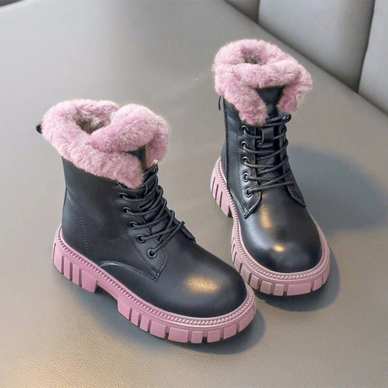 31-37 Winter Fashion Boots for Girls Thick Warm Faux Fur Snow Boots Soft-soled Anti-slippery Fashion Boots Children Warm Shoes