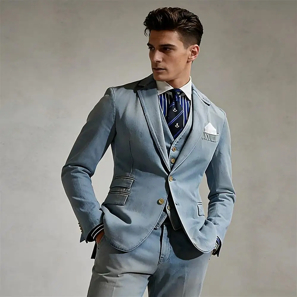 

Мужской костюм из денима, 3 предмета: пиджак, жилет и брюки, с лацканами, приталенный крой, элегантный наряд для свадьбы