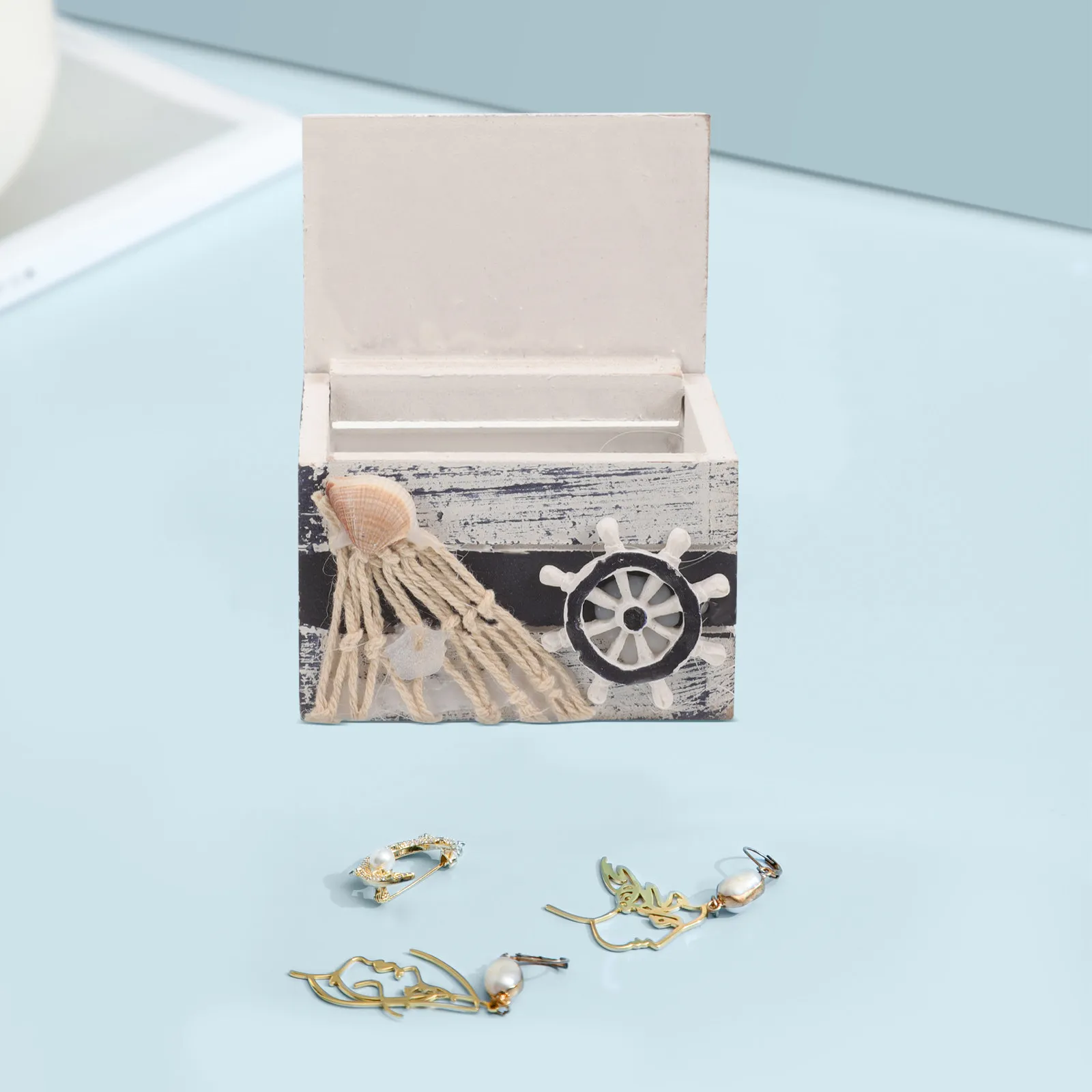 Small Wooden Jewelry Box Mediterranean Style Trinket Storage Case Jewelry Organizer for Rings Earrings Pendants Necklaces Amber
