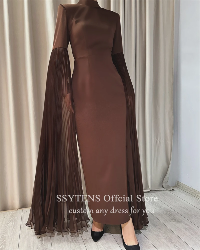 SSYTENS Brown Elegant Evening Dresses Saudi Arabric Pleats Long Sleeves Prom Dresses Ankle Length Prom Gown Bespoke Party Gown